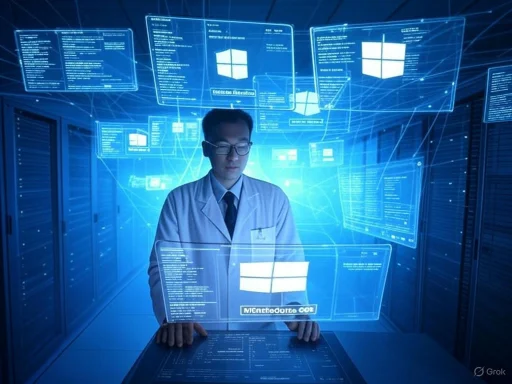 A doctor interacts with multiple virtual windows displaying Windows logos and data in a futuristic data center.