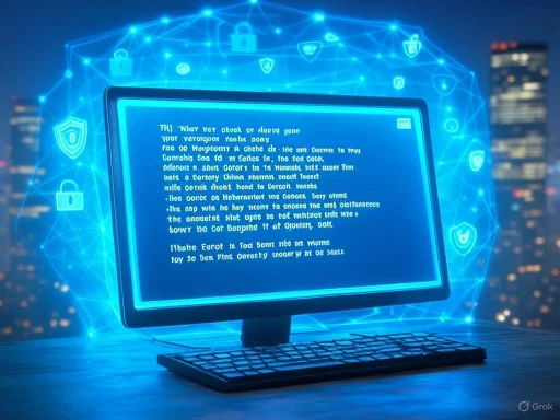 A computer monitor displaying the binary code with digital security icons, against a cityscape background with a glowing network overlay. A computer monitor displaying the binary code with digital security icons, against a cityscape background with a glowing network overlay.