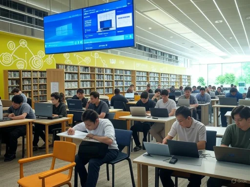 People working on laptops in a large, modern library or study area with bookshelves and digital screens.