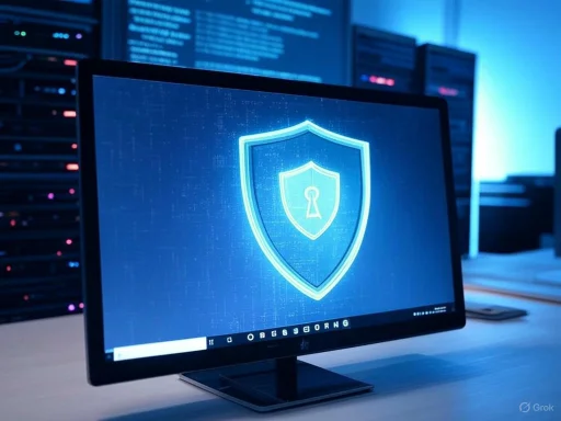 A computer monitor displays a digital shield with a keyhole symbol, indicating cybersecurity or data protection.