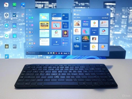 A computer screen displaying apps and windows, with a black keyboard placed on a white desk. A computer screen displaying apps and windows, with a black keyboard placed on a white desk.