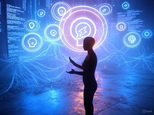 A person interacts with a digital neural network visualization featuring interconnected icons and circuitry.