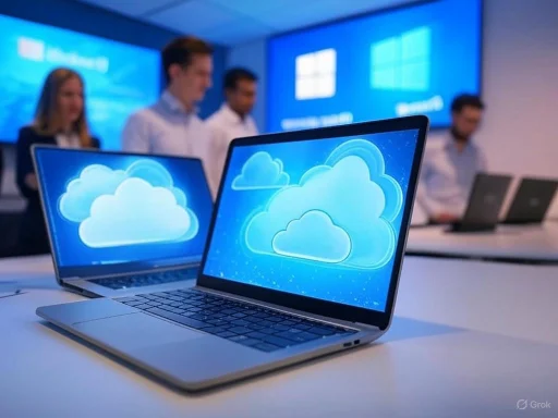 Laptops with cloud computing icons displayed, with people in a conference room in the background.