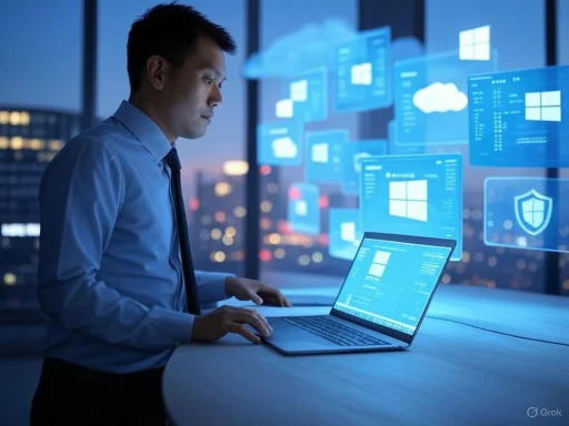 A professional man works on a laptop with virtual Windows environment holograms displaying security and cloud icons.