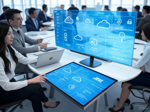 Business professionals analyze data and weather forecasts on large futuristic touch screens in a modern corporate meeting.