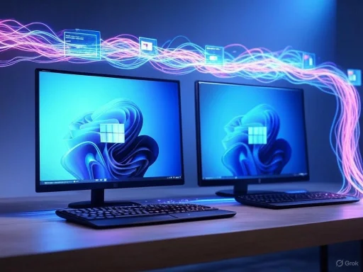 Two computer monitors displaying Windows desktop screens with colorful digital effects and icons floating above.