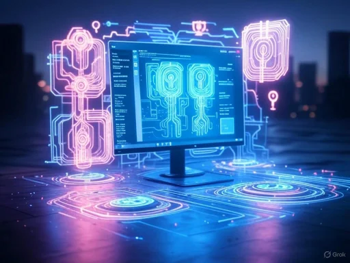 Futuristic holographic circuit diagrams displayed on a monitor with neon outlines and digital overlay effects.