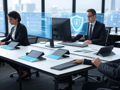 Businesspeople working at desks with futuristic digital security and data protection screens in a modern office.