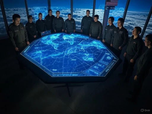 Military personnel analyze a digital world map in a high-tech observation room above the clouds.