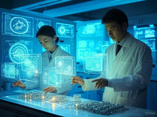 Scientists analyze holographic data and digital models in a high-tech laboratory environment. Scientists analyze holographic data and digital models in a high-tech laboratory environment.
