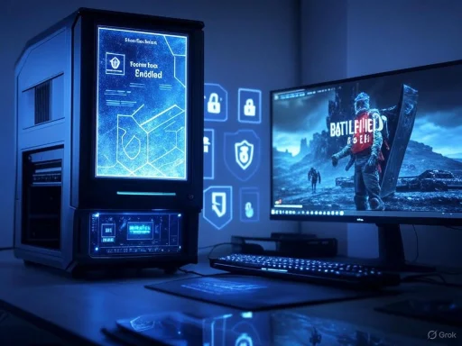 A gaming setup with a desktop computer, monitor displaying Battlefield V, and holographic security and technology icons. A gaming setup with a desktop computer, monitor displaying Battlefield V, and holographic security and technology icons.