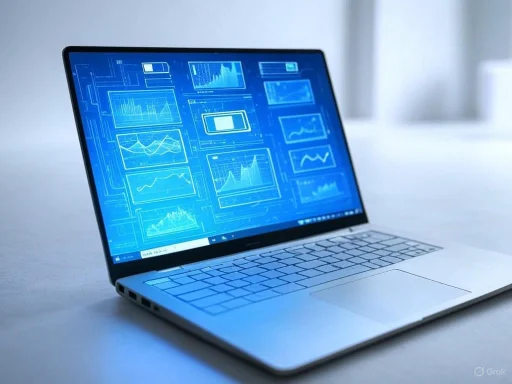 A laptop displaying multiple blue financial and data analysis graphs on its screen.
