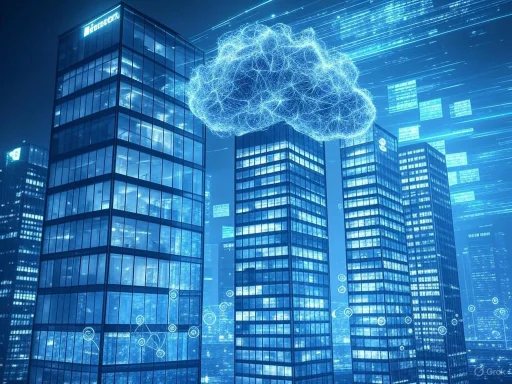 A digital illustration of a cityscape with a glowing neural network cloud hovering above modern glass skyscrapers.