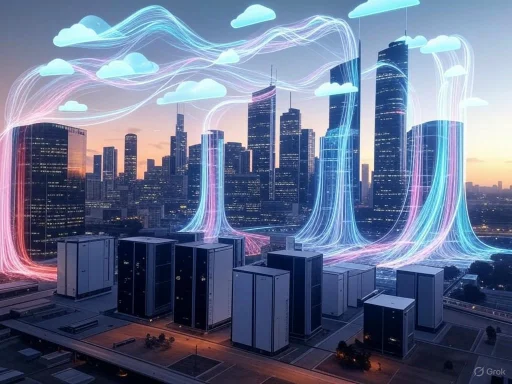 Digital cloud data streams connect skyscrapers in a futuristic cityscape at sunset.