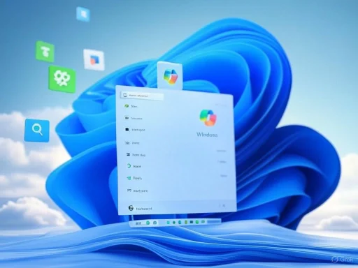A Windows 11 desktop with a floating start menu and various app icons, set against a cloudy sky background.