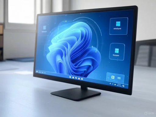 A computer monitor displaying a blue abstract graphic on a light-colored desk near a window.
