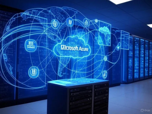A digital depiction of Microsoft's Azure cloud platform on a computer server room wall with connected icons and global graphics.