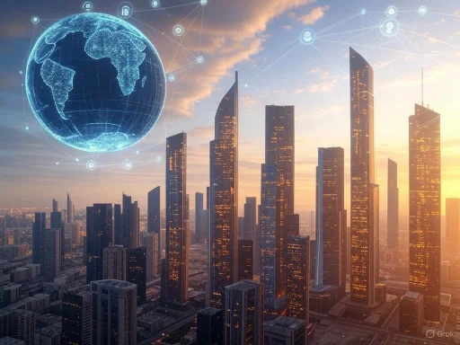 Futuristic city skyline with holographic Earth and digital icons overlay at sunset.