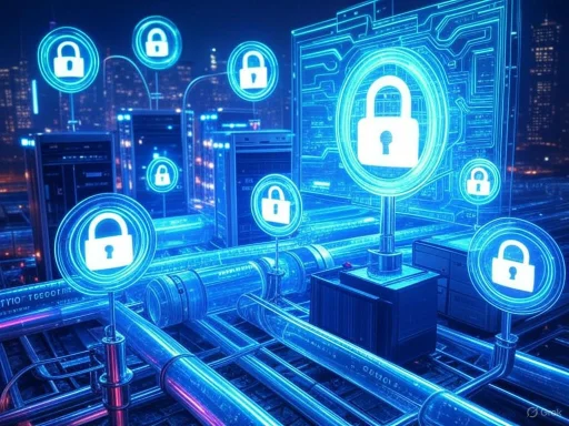 Digital security and data protection concepts depicted through glowing padlocks and interconnected digital infrastructure.