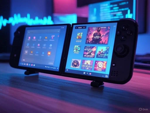 A portable gaming console displays a game library with a background of neon-lit code screens.