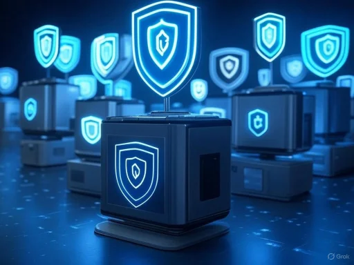 Multiple digital shields with security icons glow blue, representing digital protection or cybersecurity concepts.