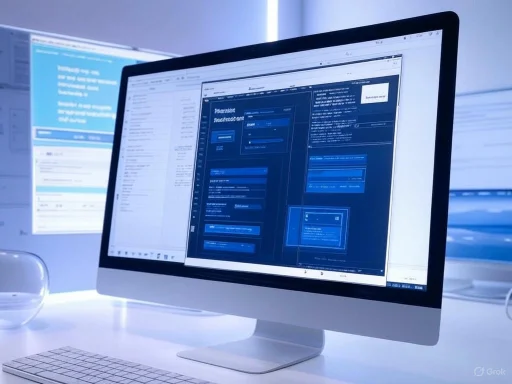 A sleek computer setup displaying multiple open windows, including a dark-themed interface, in a modern workspace.