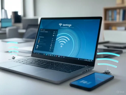 A laptop and smartphone connected to Wi-Fi, symbolized by animated signal icons, in a modern office setting.