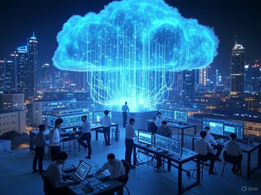 A futuristic cityscape with a digital cloud and multiple people working on computers, symbolizing cloud computing.