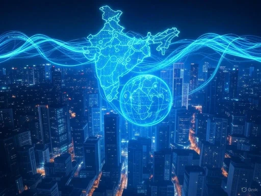 Digital hologram of India and global map over a city skyline at night.