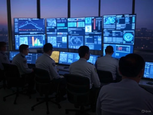 Security or operations team monitors multiple screens displaying data and analytics in a control room at dusk.