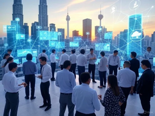 Businesspeople networking with digital cityscape and cloud network icons in the background during sunset.