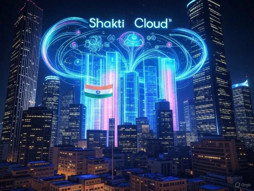 A digital projection of a futuristic cityscape with the words 'Shakti Cloud' and Indian flag, highlighting a high-tech, cloud-themed concept.