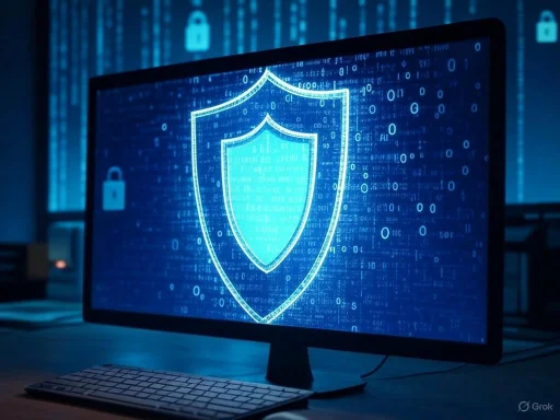 A computer monitor displays a digital shield icon with encrypted data and padlock symbols, representing cybersecurity.
