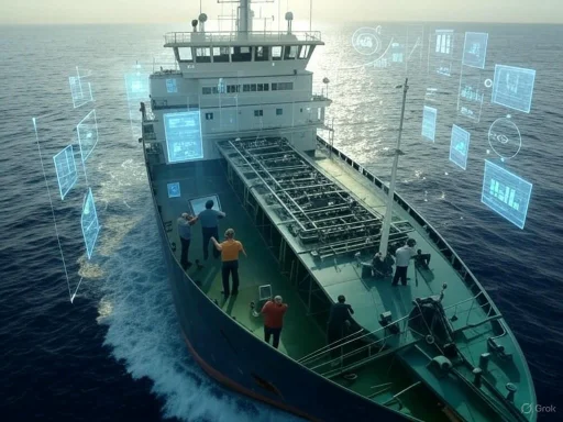 A ship with holographic digital displays projected above it while sailing on the ocean.