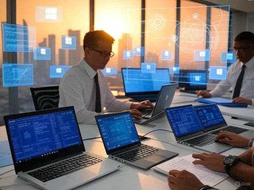 Team working on data analysis with digital interfaces and city skyline during sunset.