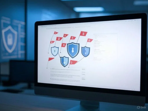 A computer screen displays a diagram of shield icons and flags related to cybersecurity.