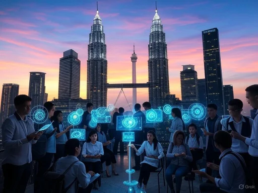 Group of students engaging with holographic displays against a city skyline at sunset.