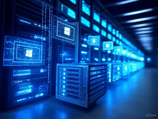 A futuristic data center with servers and holographic Windows logos displayed on screens in a blue-lit environment.