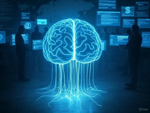 A digital illustration of a brain with neural connections, set against a tech-filled background with people analyzing data.