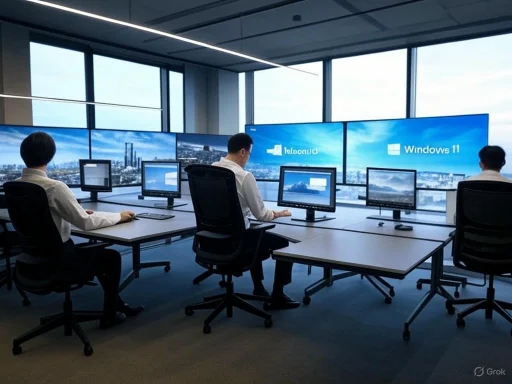 Three people work at a multi-monitor workstation with panoramic city views and Windows 11 displayed on the screens.