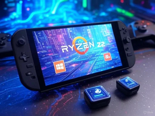 A Nintendo Switch displaying a Ryzen Z en GPU interface with two small icons, set against a futuristic, neon-lit gaming backdrop. A Nintendo Switch displaying a Ryzen Z en GPU interface with two small icons, set against a futuristic, neon-lit gaming backdrop.