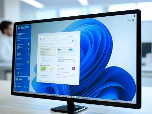 A computer monitor displays a Windows 11 desktop with an open window showing emails and notifications, set in a modern office.