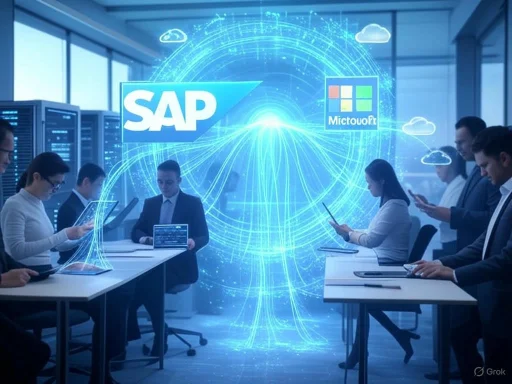 Business meeting in a high-tech office with digital graphics of SAP and Microsoft logos surrounded by network lines.