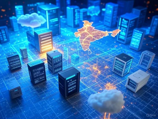 A digital representation of India over a futuristic cityscape with servers, clouds, and data connections.