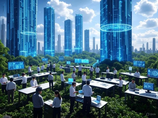 A futuristic cityscape with large, holographic skyscrapers and people working on technology outdoors in a lush green environment.