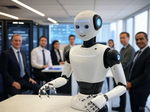 A humanoid robot presents in front of a business team in a modern office setting.