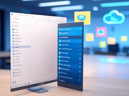 A computer monitor and smartphone display cloud computing software in a modern, tech-themed environment.