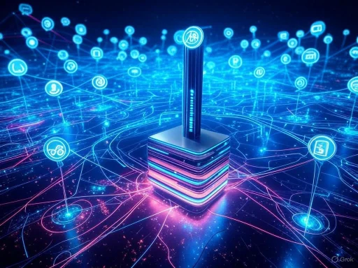 A digital network hub with glowing icons representing various apps and connections, symbolizing interconnected technology.