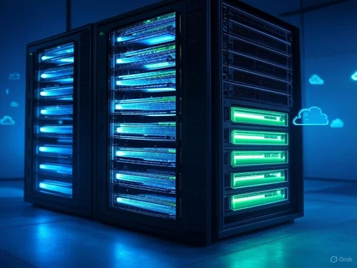 Data servers in a high-tech data center with illuminated blue and green lights.