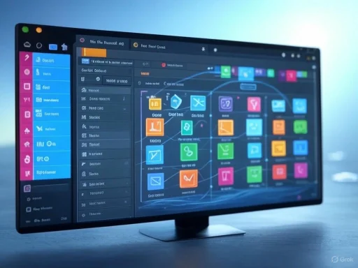 A computer screen displays a colorful interface with various icons and menus, likely for design or data management.